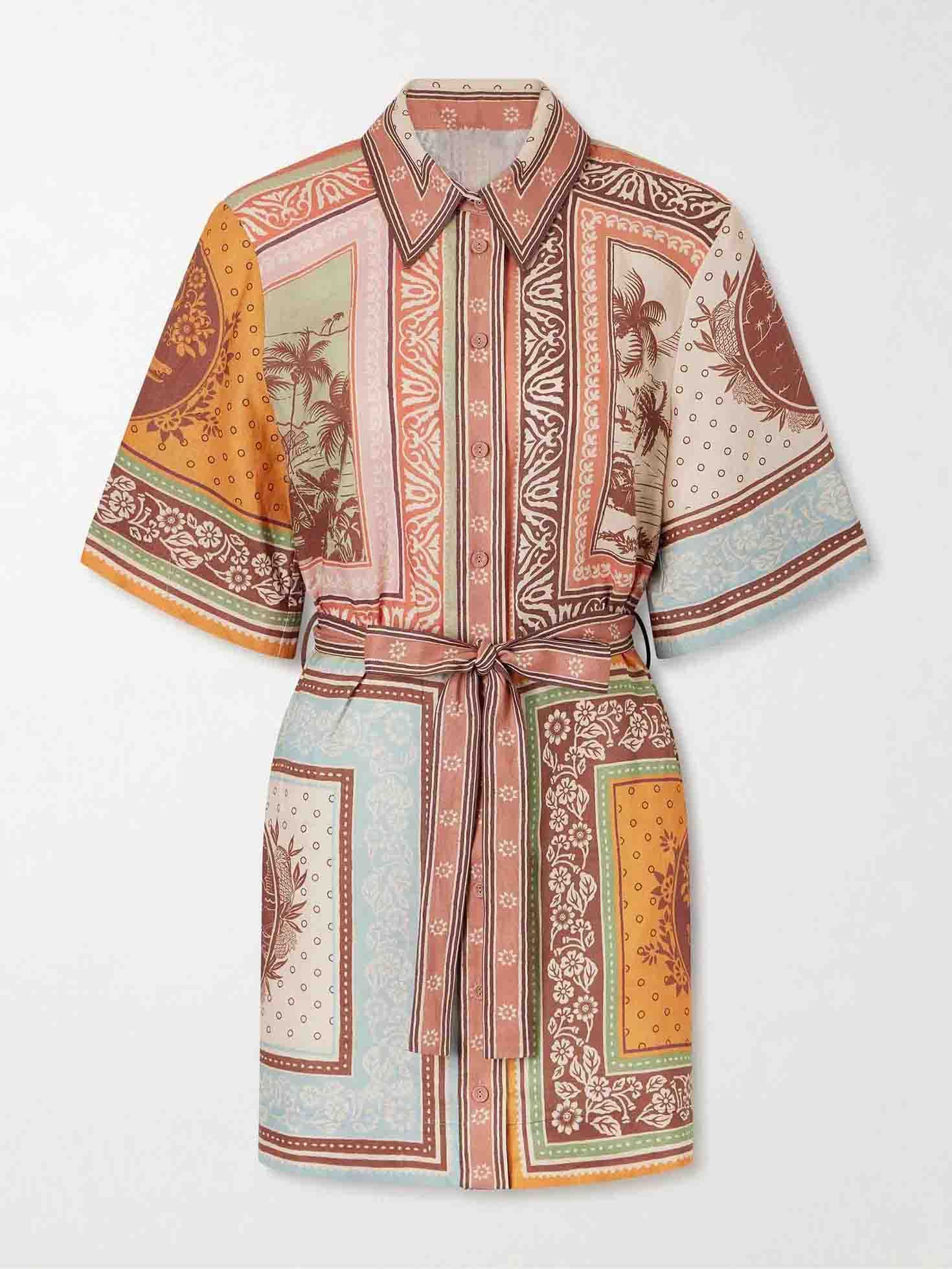 Retro Scarf Print Short-sleeved Tie-front Shirt Dress