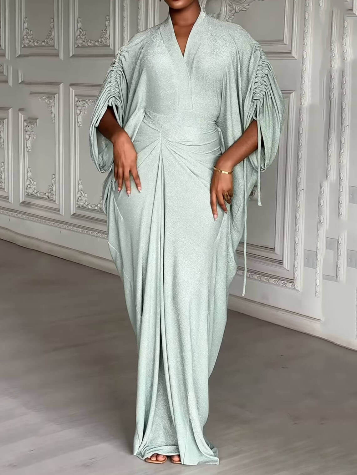 Pleated Shimmering V-Neck Maxi Dress