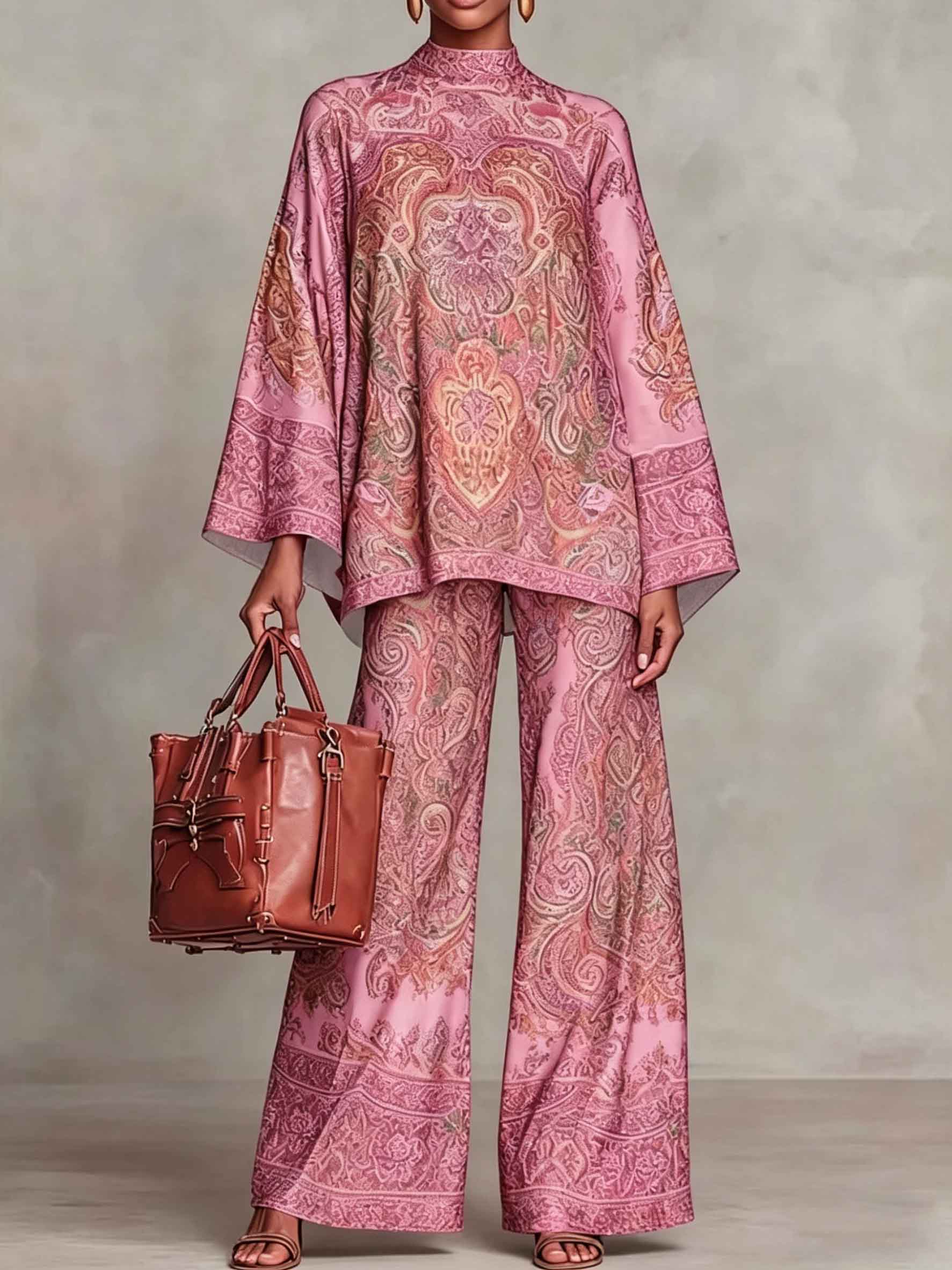 Elegant Satin Paisley Print Batwing Sleeve Two-Piece Set