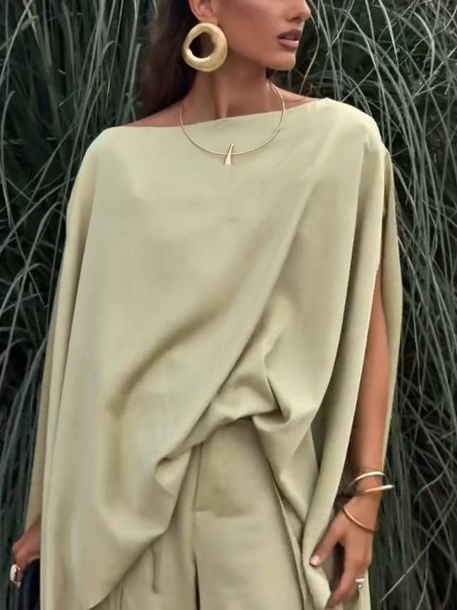 Long Loose Shirt And Side Slit Wide Leg Pants Suit-Pants