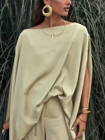 Long Loose Shirt And Side Slit Wide Leg Pants Suit-Pants