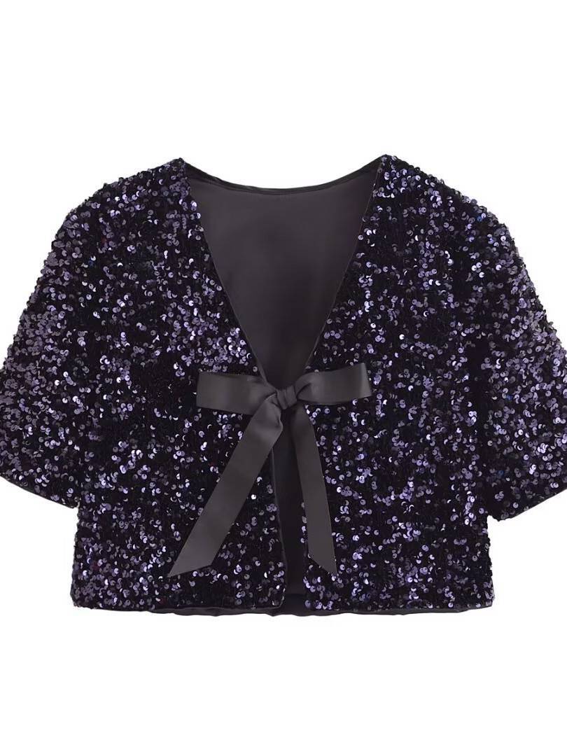 Sequined Bow Short-Sleeve Top