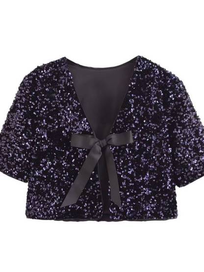 Sequined Bow Short-Sleeve Top