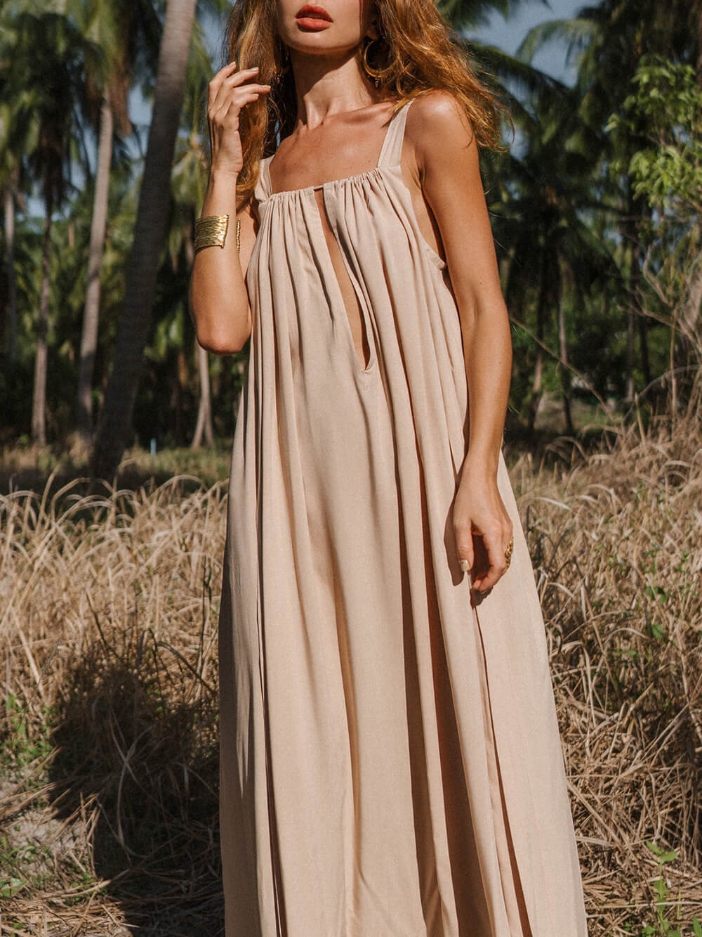 Elegant Square Neckline Beige Backless Flowing Ties Maxi Dress