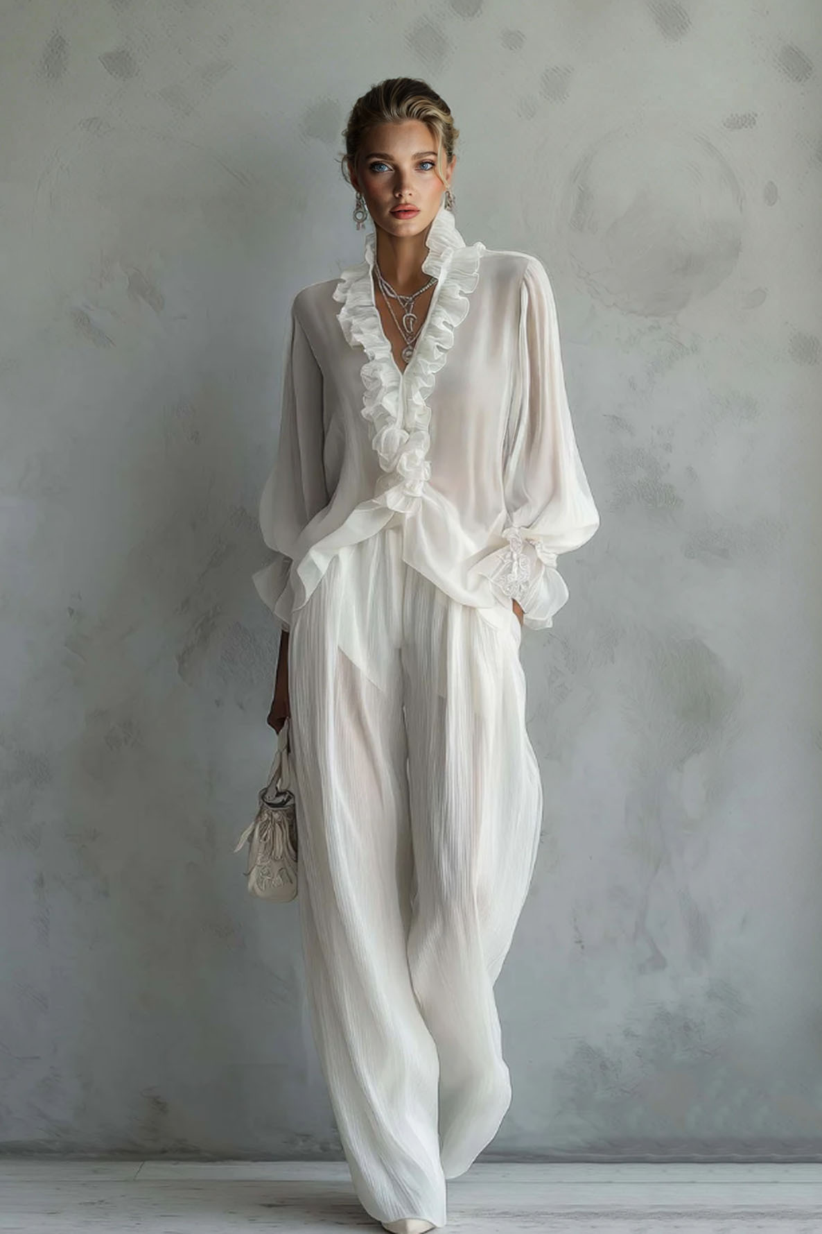 Lace Long Sleeve Shirt And Wide Leg Pants Set