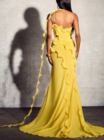 One-Shoulder Ruffled Long Chiffon Dress