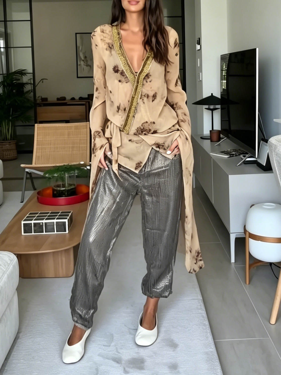 Casual Tie-Dye Chiffon Wrap Top & Metallic Harem Pants Two-Piece Set