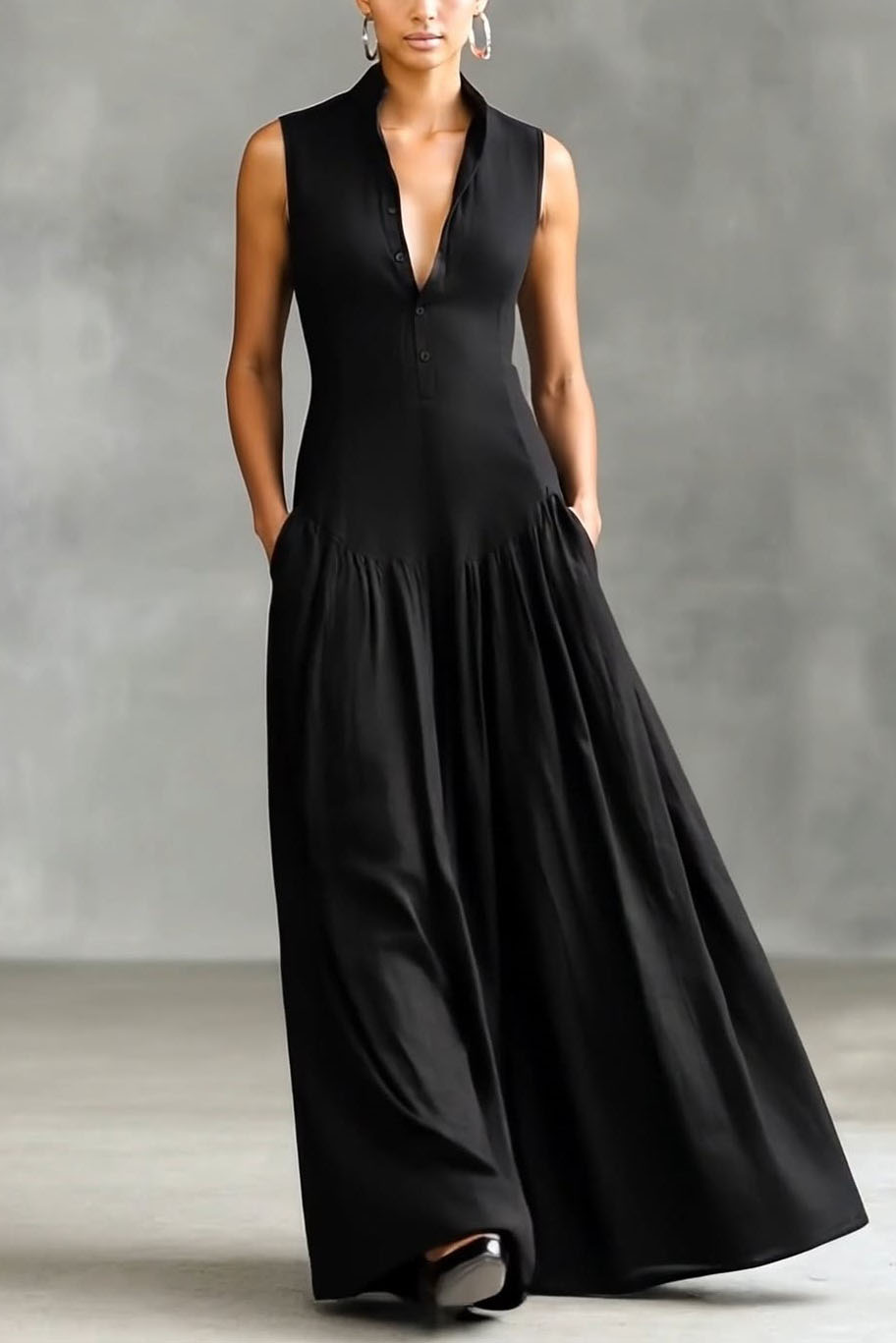 Minimalist Stand-Collar Maxi Dress