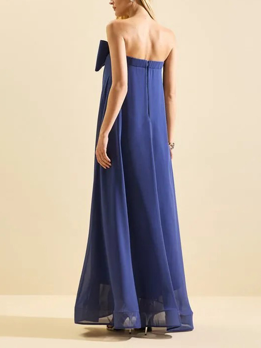 Elegant Strapless Bow Detail Flowy Maxi Dress