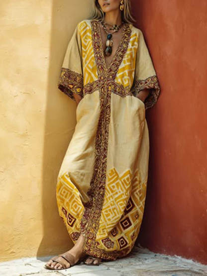 Western Cowboy Cotton-Linen Casual Vacation Maxi Dress