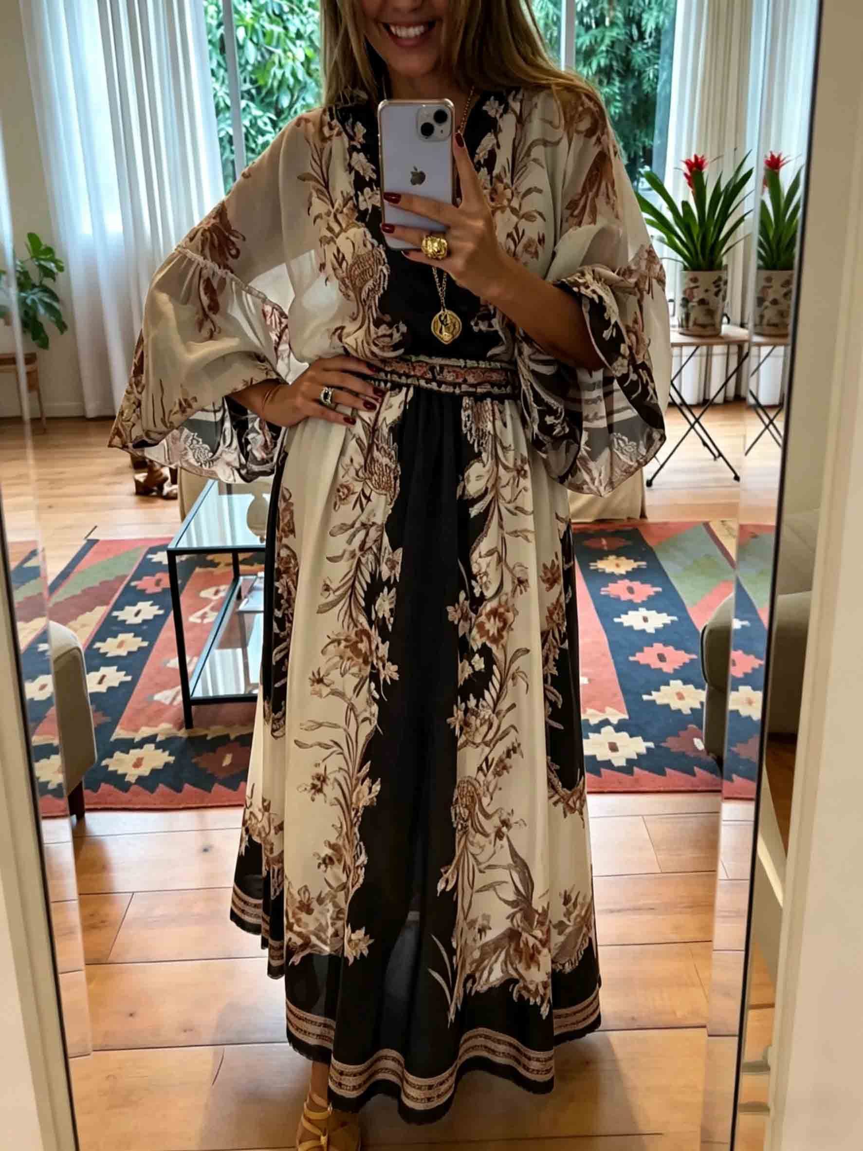 Elegant Retro Ethnic Print Two-Piece Dress