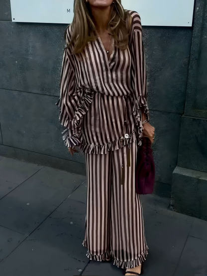 Classic Striped Ruffled V-Neck Loose Shirt