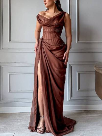 Swing Collar Pleated Front Side Slit Maxi Dress