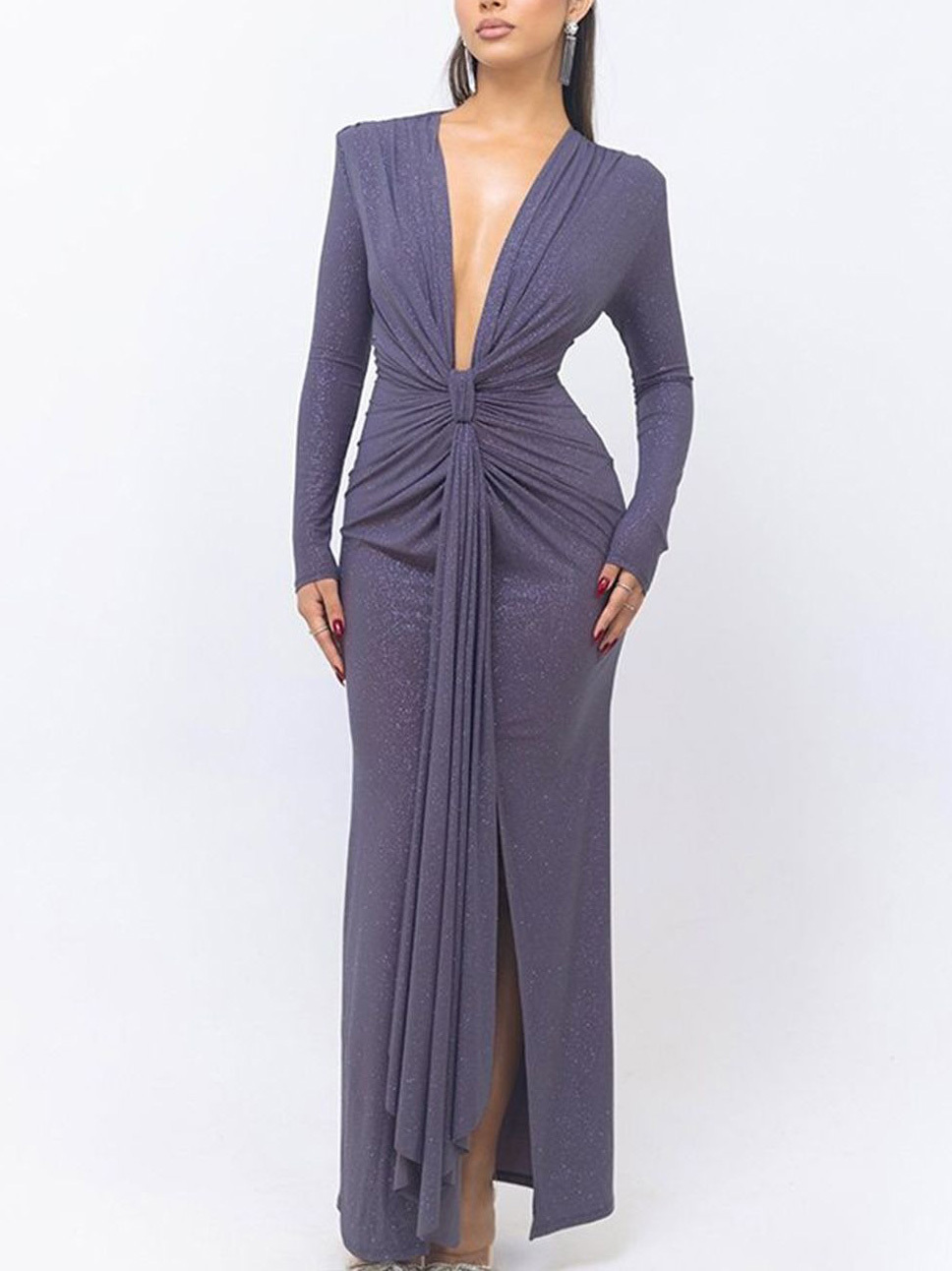 Elegant Deep V-neck Ribbon Slit Tight Maxi Dress