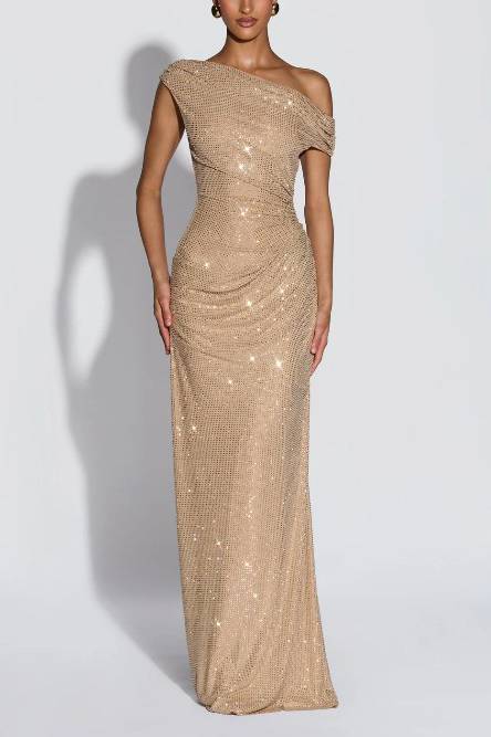 Off-Shoulder Shiny Pleated Maxi Dress