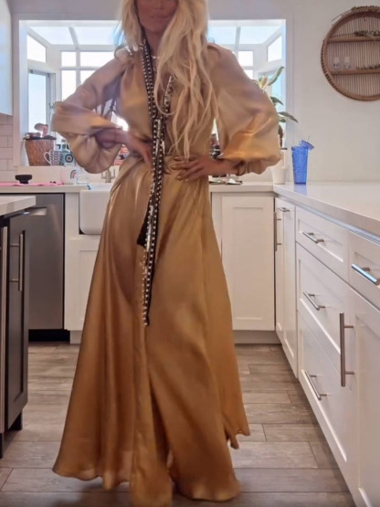 Flowing Lantern Sleeves V-Neck Dress