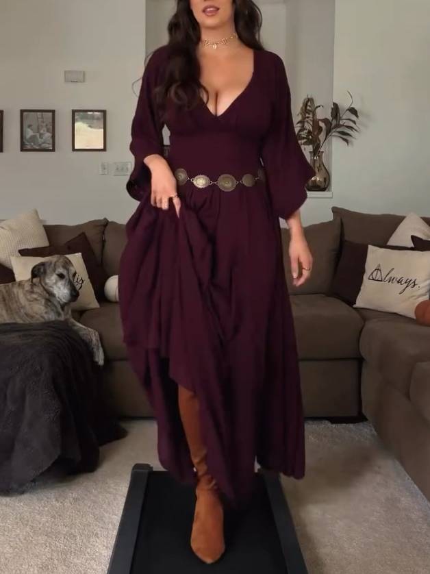 Vacation Style V-neck A- Line Maxi Dress (Belt Not Included)