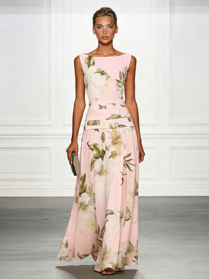 Fresh Sleeveless Boat Neck Printed Party Maxi Dress