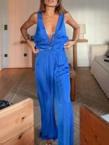 Lace-Up Vest And Wide-Leg Pants Suit