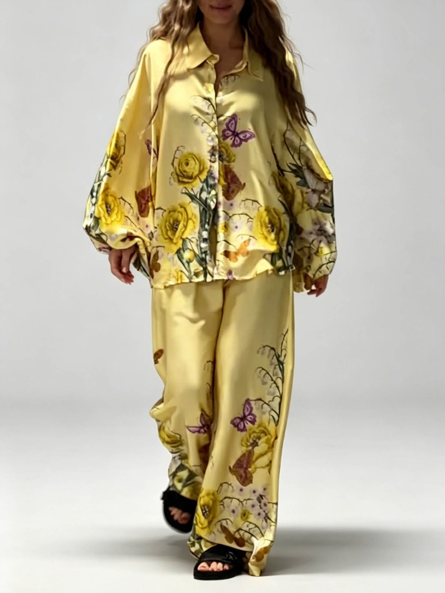 Exquisite Floral Butterfly Print Satin Wide-Leg Pants