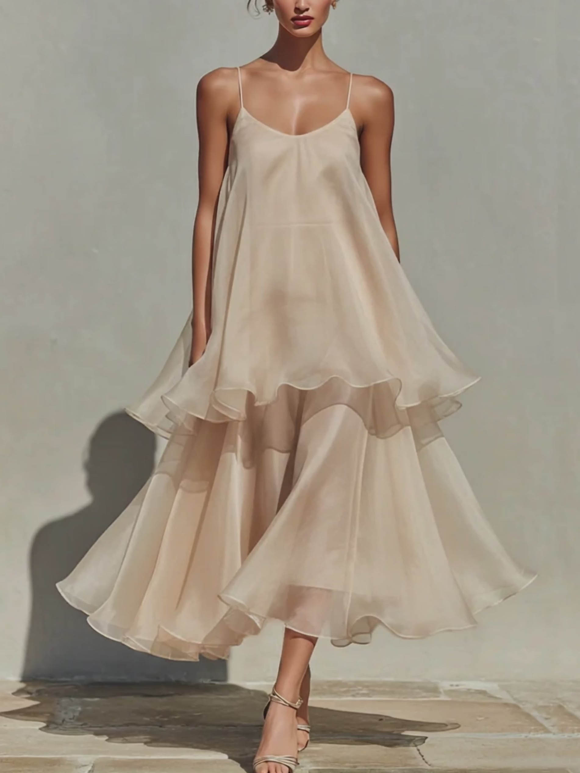 Elegant Spaghetti Strap Tiered Ruffle Flowy Maxi Dress