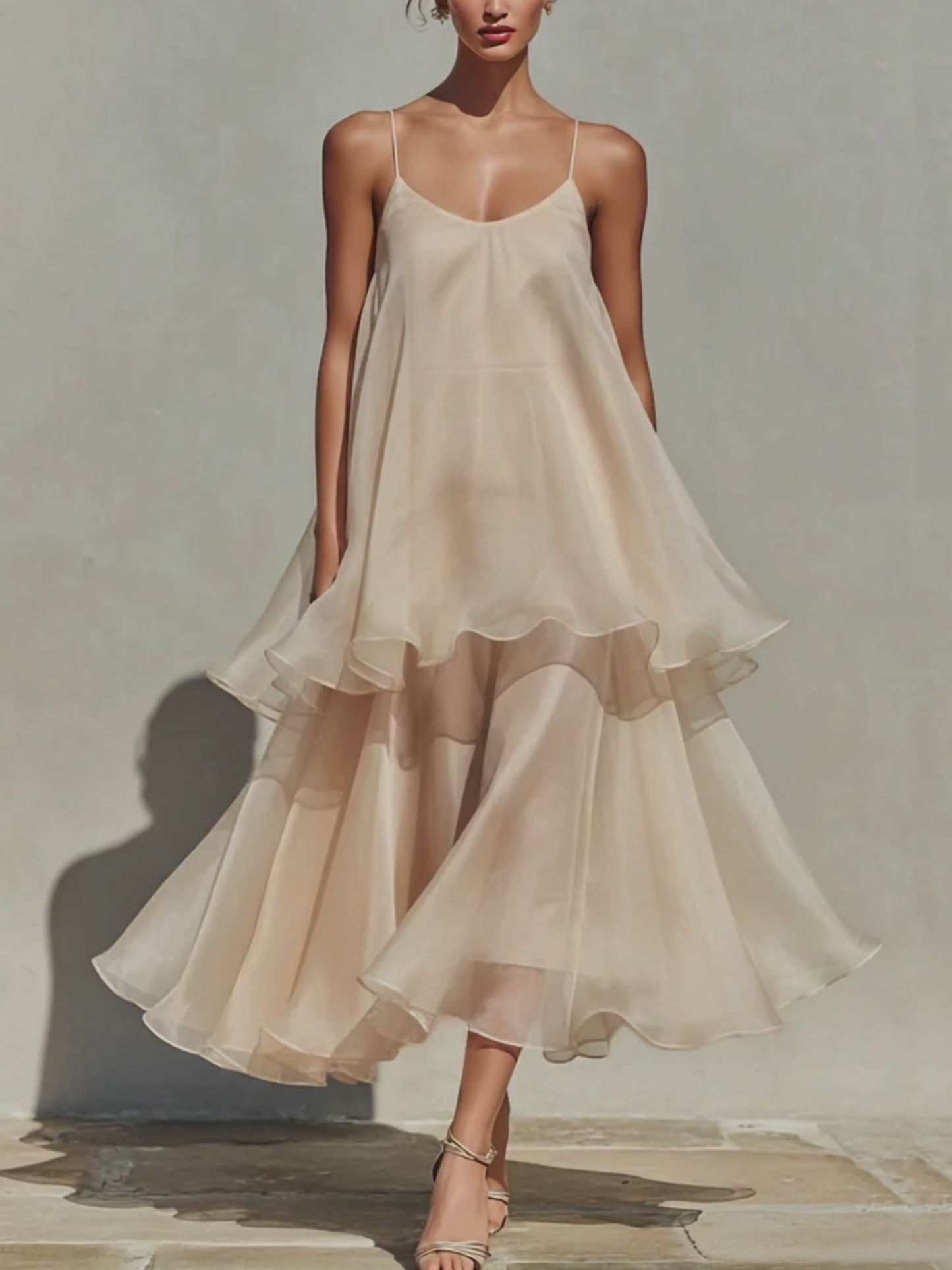 Elegant Spaghetti Strap Tiered Ruffle Flowy Maxi Dress
