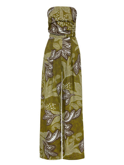 Unique Bandeau Print Strapless Pleated Linen Loose Fit Jumpsuit