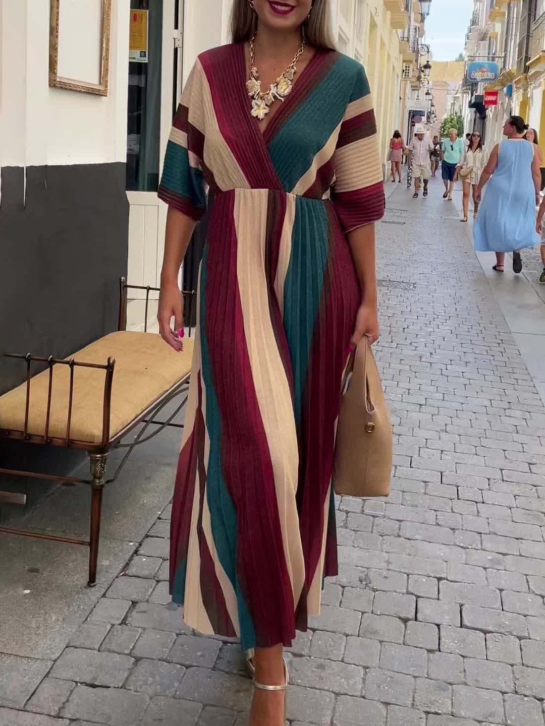 Elegant Irregular Stripe Print Pleated Maxi Dress