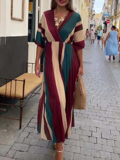 Elegant Irregular Stripe Print Pleated Maxi Dress