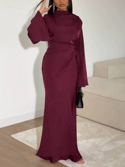 Waist Lace-up Design Long Sleeve Maxi Dress