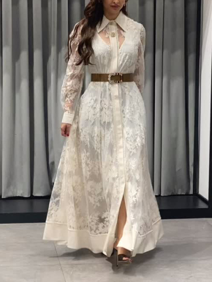 Elegant Floral Lace Long-Sleeved Shirt Maxi Dress