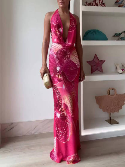 Striking & Seductive: Printed Halter Backless Maxi Dress