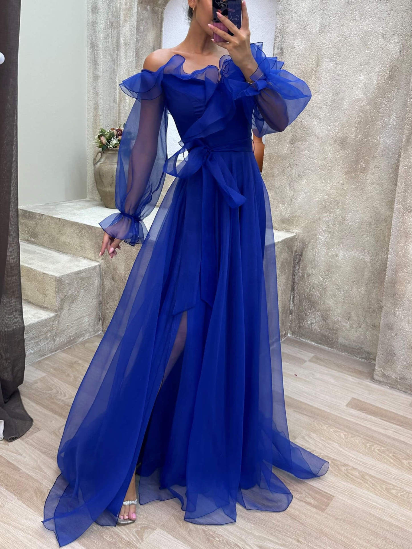 Off-The-Shoulder Ruffled Lantern Sleeve Drawstring Tulle Dress