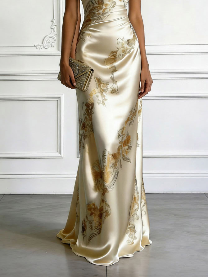 Elegant One-shoulder Floral Satin Maxi Dress