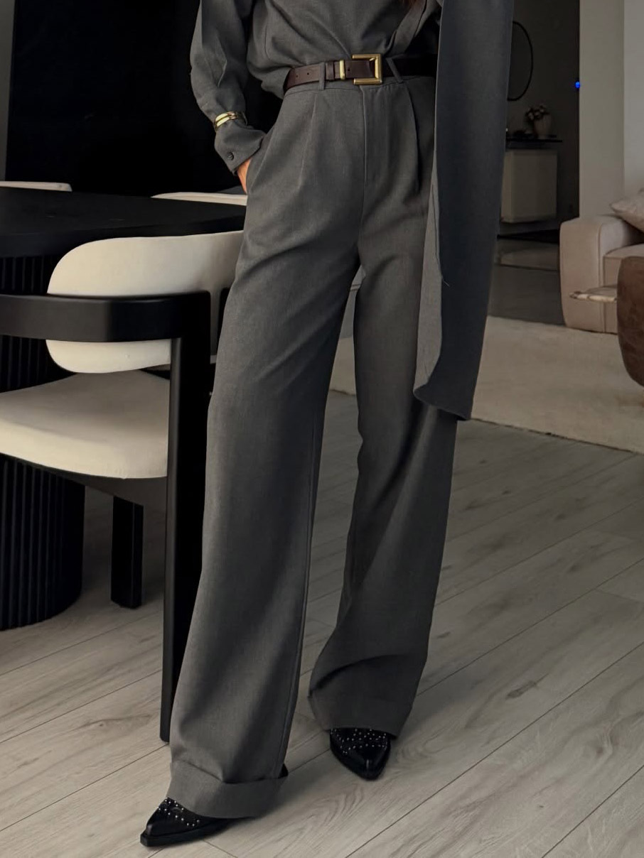 Elegant Draped Shawl Shirt & Wide-Leg Pants Two-Piece Set