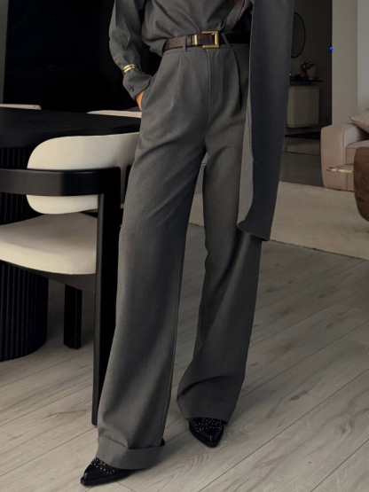 Elegant Draped Shawl Shirt & Wide-Leg Pants Two-Piece Set