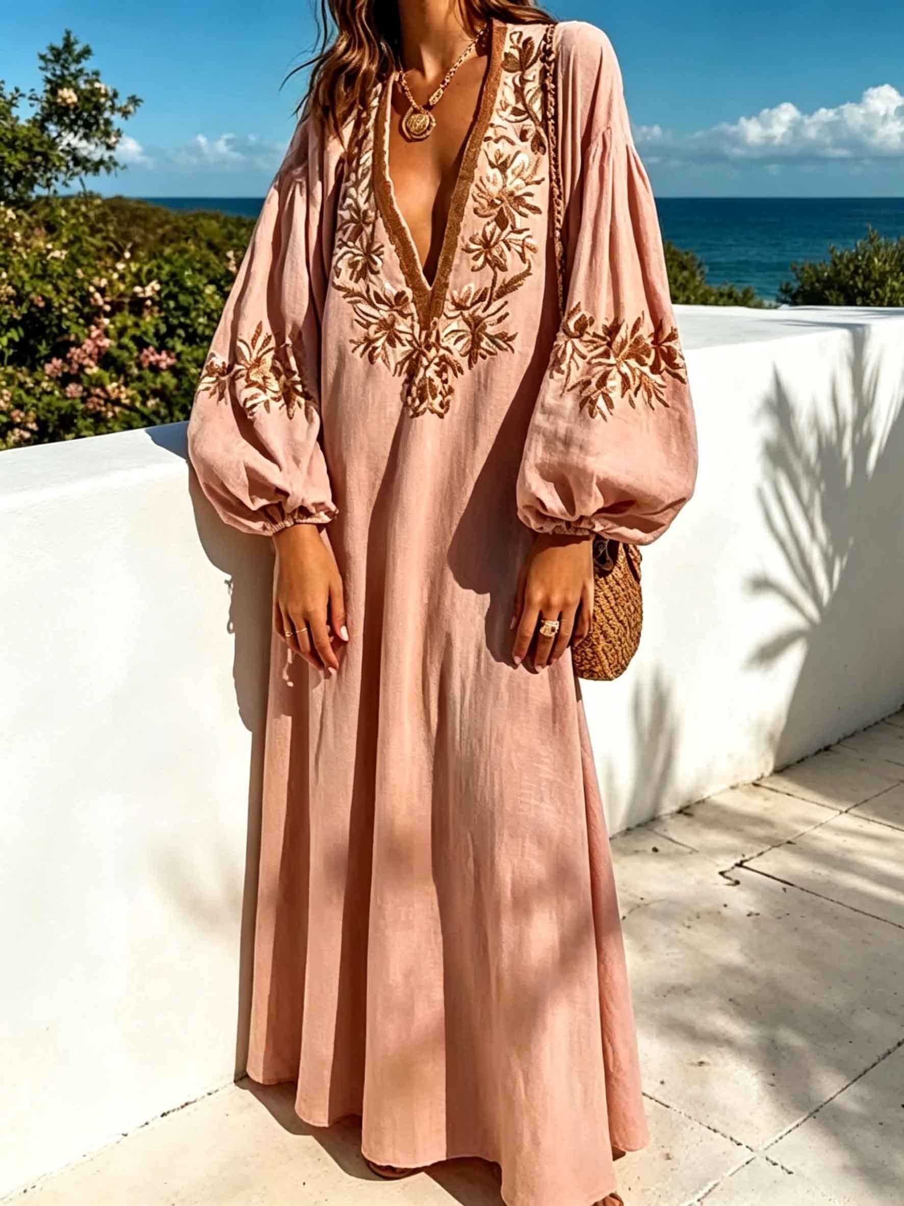 Casual Floral Embroidered Deep V Neck Puff Sleeve Maxi Dress