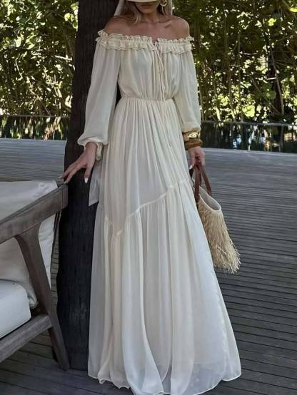 Vacation Style Off-shoulder Lace-up Long Sleeve Maxi Dress