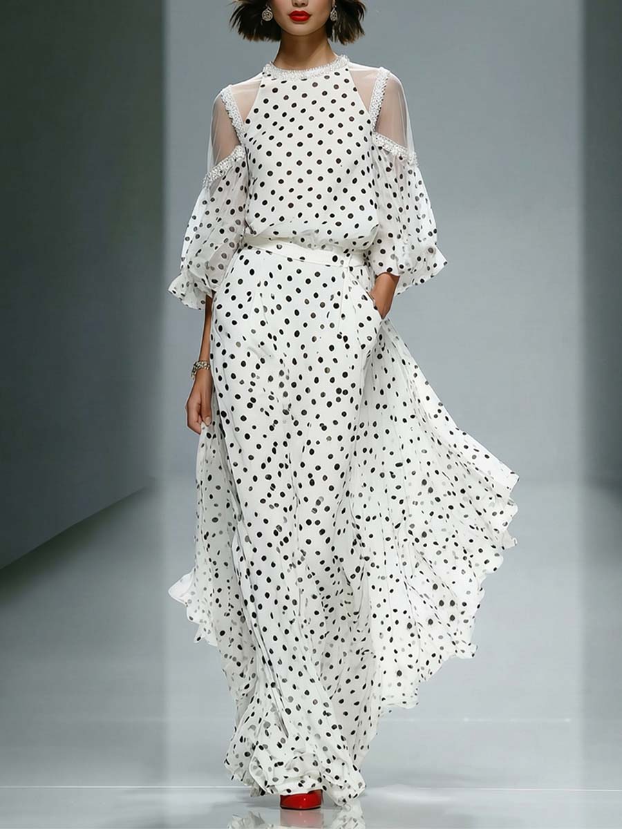 Elegant Polka Dot Sheer Sleeve Top & Maxi Skirt Two-Piece Set