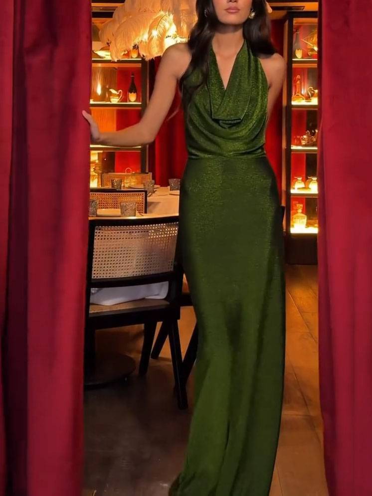 Swing-Collar Shiny Slim-Fit Maxi Dress