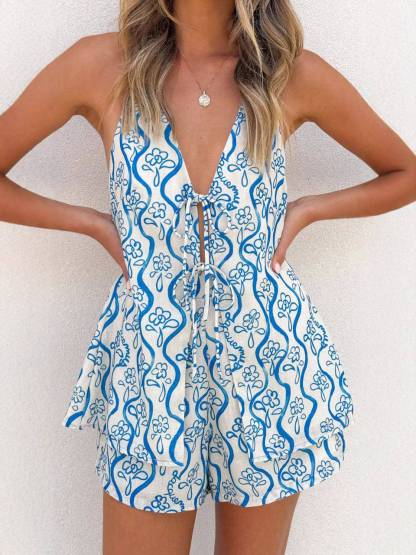 Printed Halter Neck Tie-Up Top And Shorts Suit