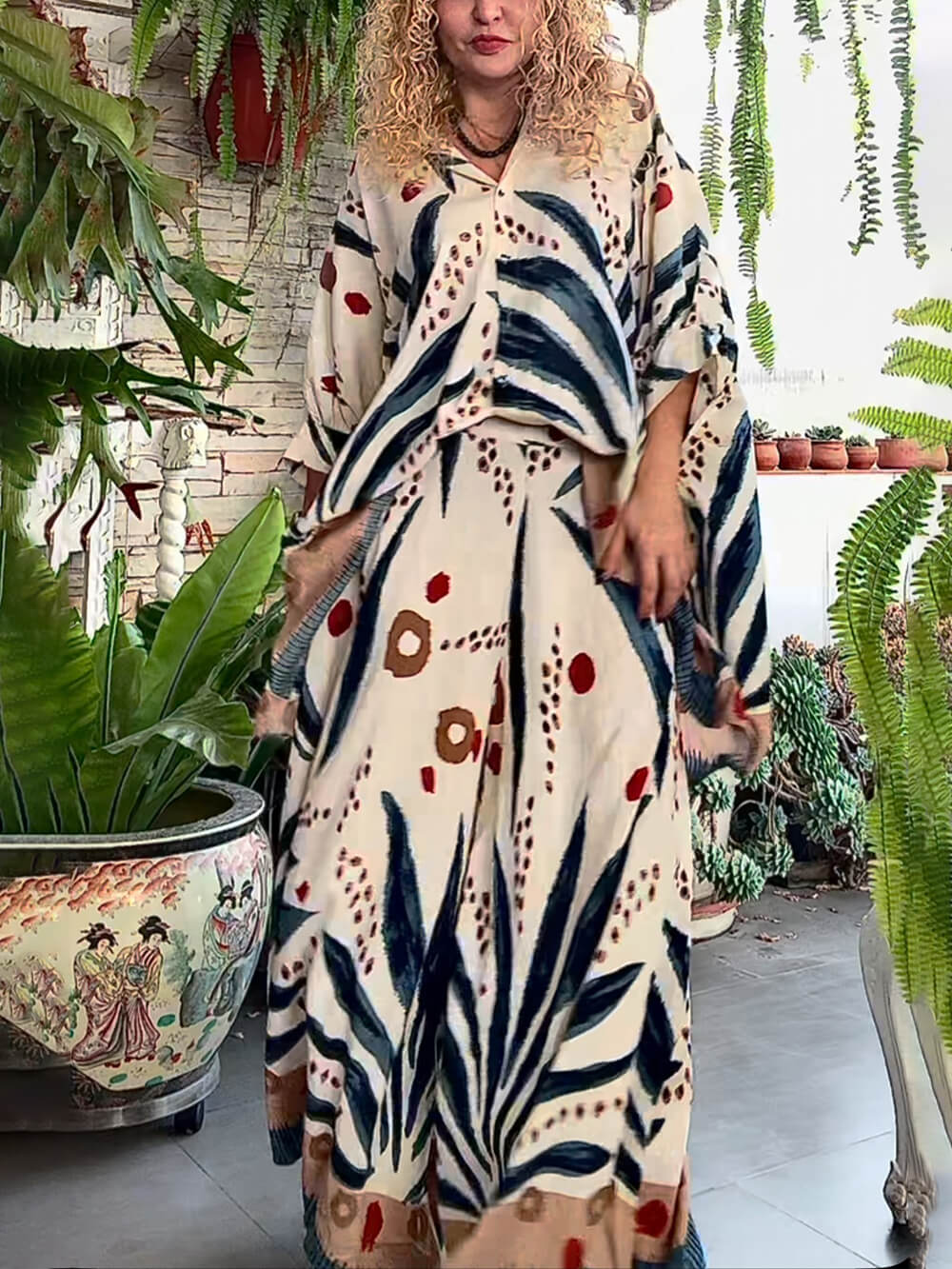 Unique Patchwork Print Elastic Waist Loose Pocket Wide Leg Pants