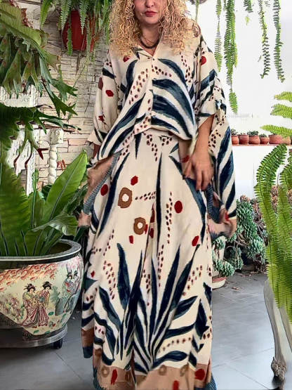 Unique Patchwork Print Elastic Waist Loose Pocket Wide Leg Pants