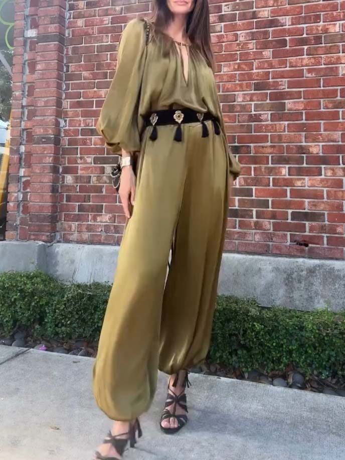 Vacation Style V-neck Lace-up Jumpsuit (Belt Not Included)