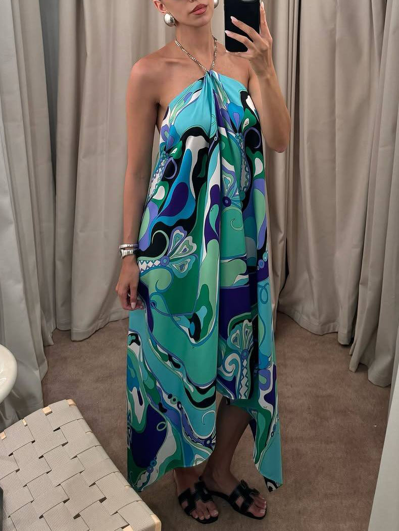 Elegant Halterneck Abstract Floral Print Midi Dress