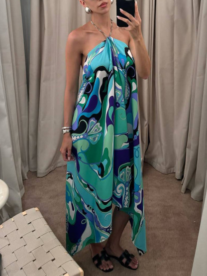 Elegant Halterneck Abstract Floral Print Midi Dress