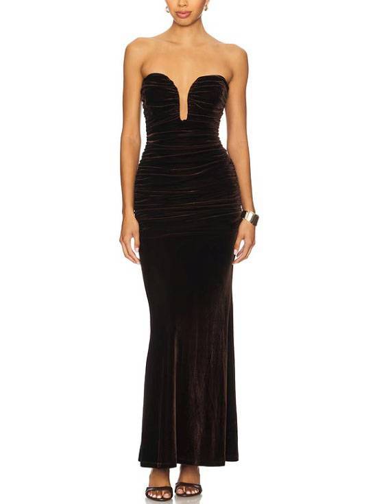 Tube Top Pleated Velvet Maxi Dress