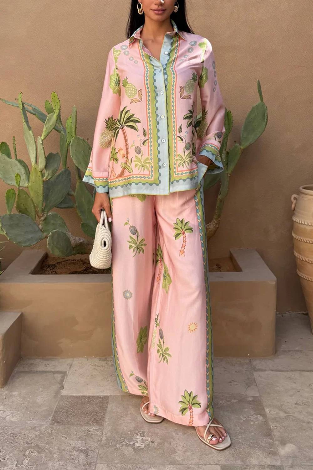 Tropical Print Lapel Shirt & Wide Leg Pants Two‑Piece Set