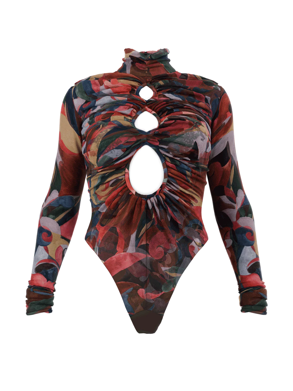 Elegant High-neck Cutout Abstract Print Bodysuit