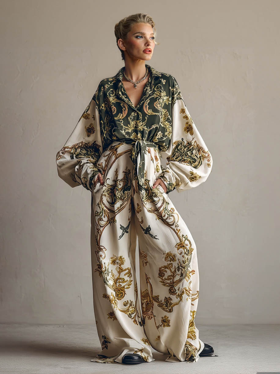 Retro Baroque Floral Print Wide-Leg Pants